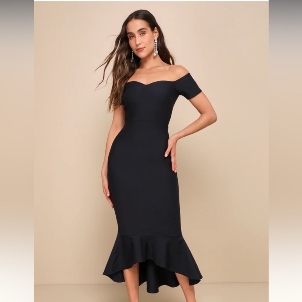 Lulu’s How Much I Care Midnight Blue Off-the-Shoulder Midi Dress